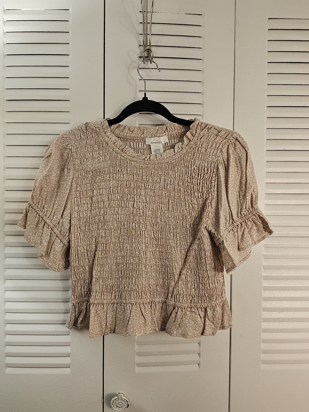 Emerson Fry Taupe Beige Floral Smocked Ruffle Peplum Top